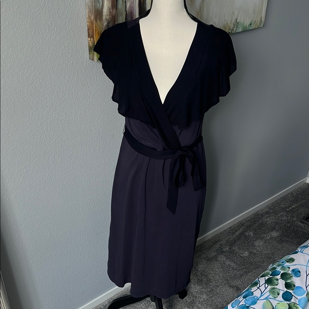 VELVET Navy Faux Wrap Dress with Flirty Shoulder, Womens M medium